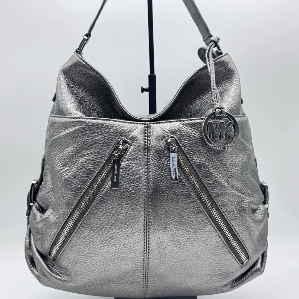New Michael Kors Evie Hobo Bag Supple Leather Front Zip Pocket Pewter Silver Met